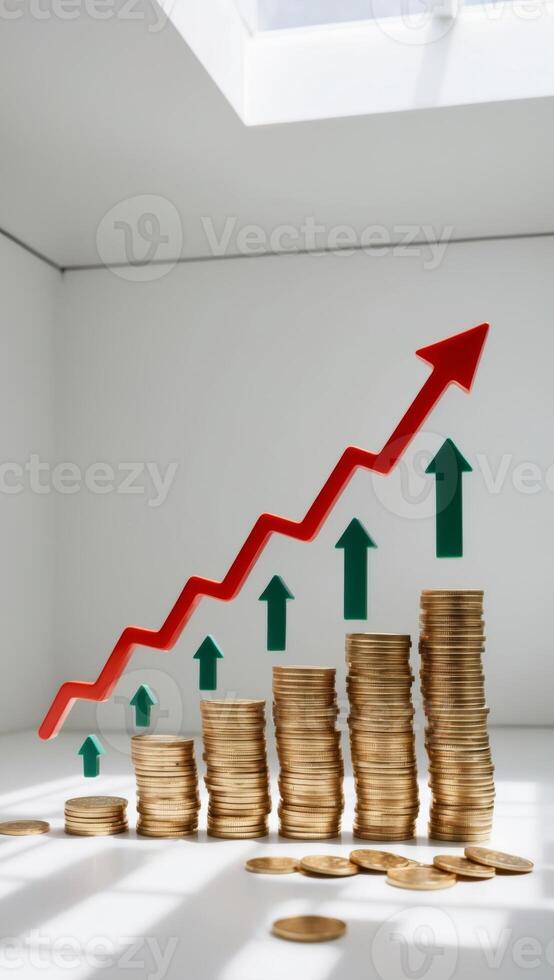 A stack of coins with an upward arrow going up photo
