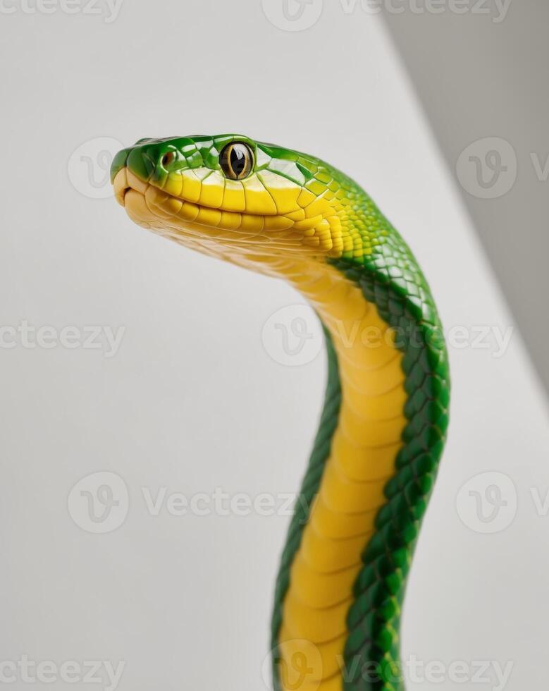 A green and yellow snake on a white background photo