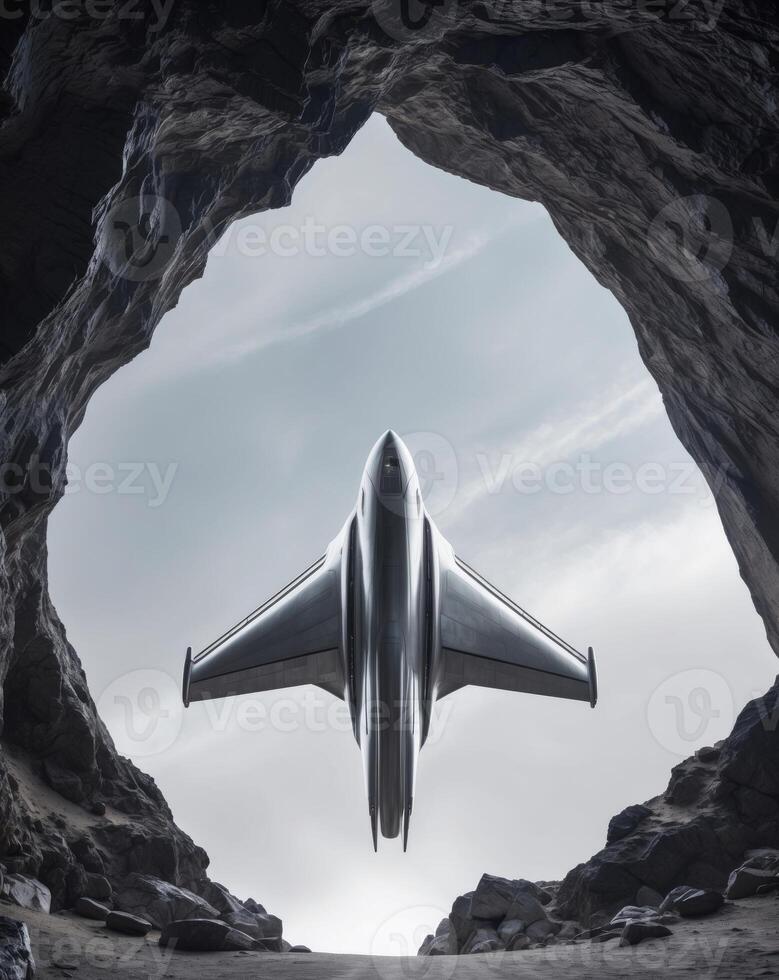 A jet plane flying through a cave photo
