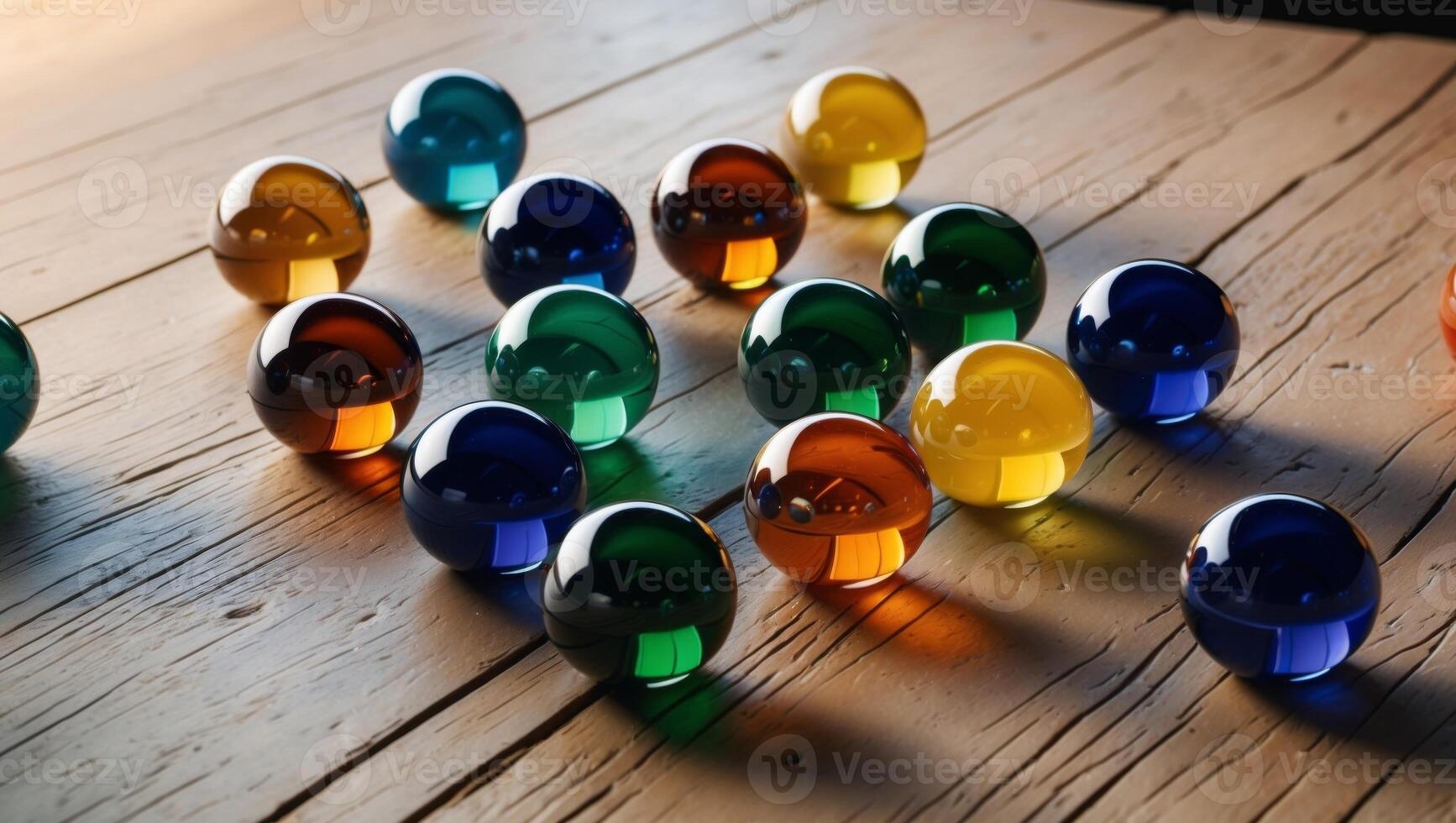 A group of colorful glass balls on a wooden table photo