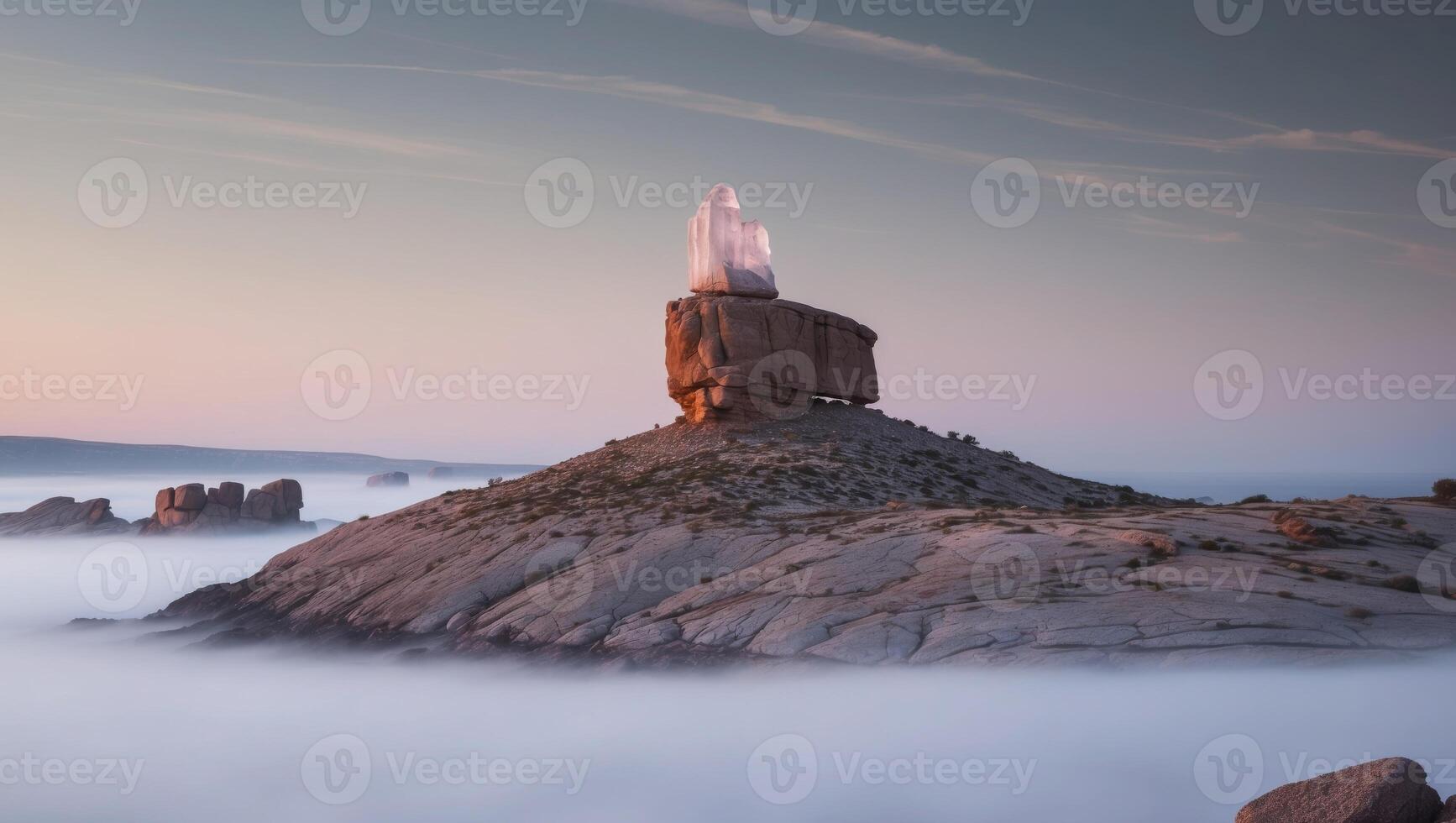 A rock formation on top of a mountain with fog photo