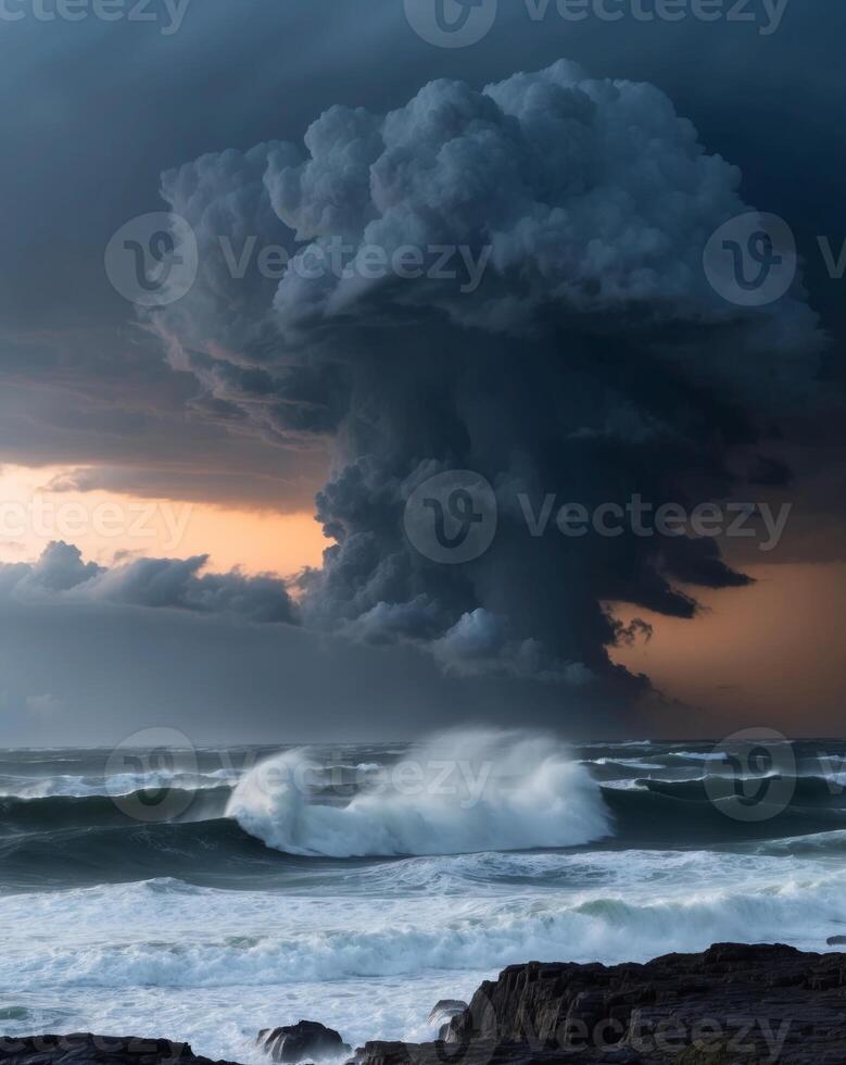 A storm clouds over the ocean as waves crash into the rocks photo
