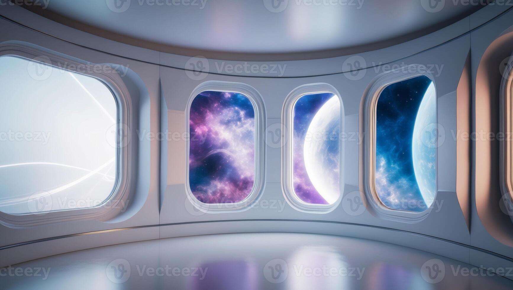 A room with four windows looking out at space photo