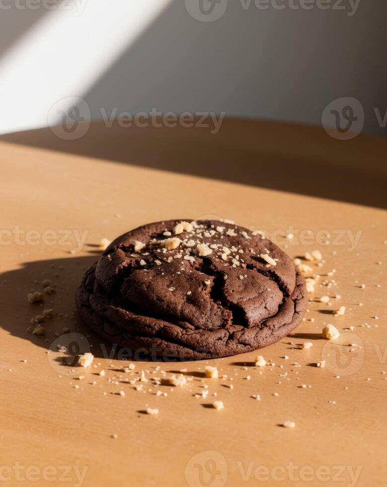 A chocolate cookie on a table with a piece of chocolate on top photo