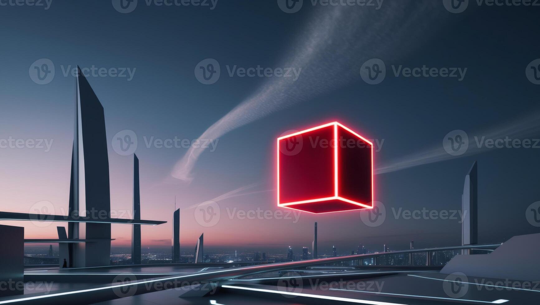 A futuristic city with a red cube in the sky photo