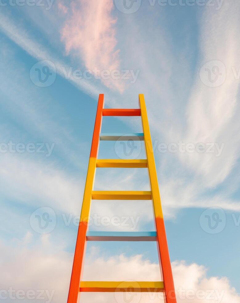 A ladder with colorful paint on it against a blue sky photo