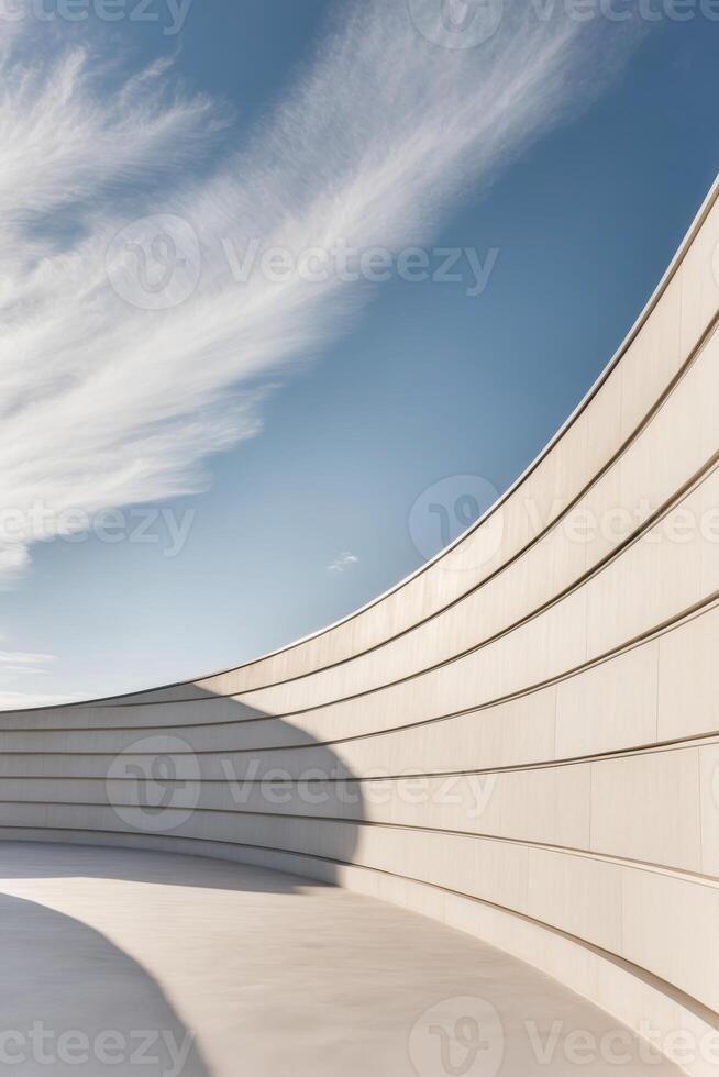 A white wall with curved lines and a sky photo