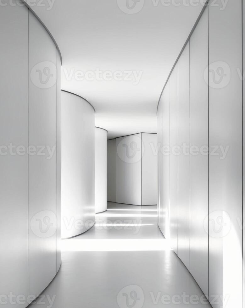 A long white hallway with curved walls and white doors photo
