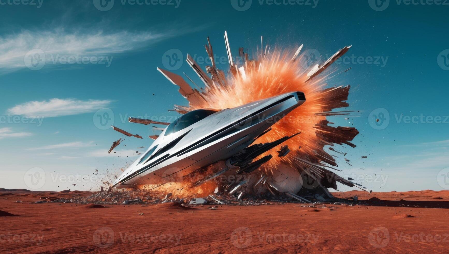 A spaceship is exploding on the surface of a desert photo