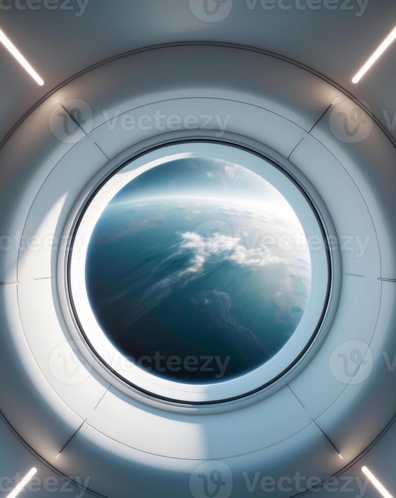 A futuristic spaceship with a round window looking out on earth photo