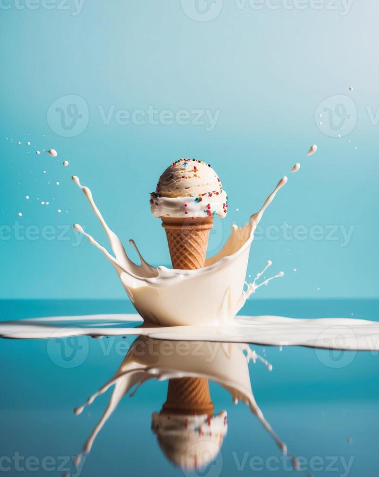 Ice cream splashing in milk on a blue background photo