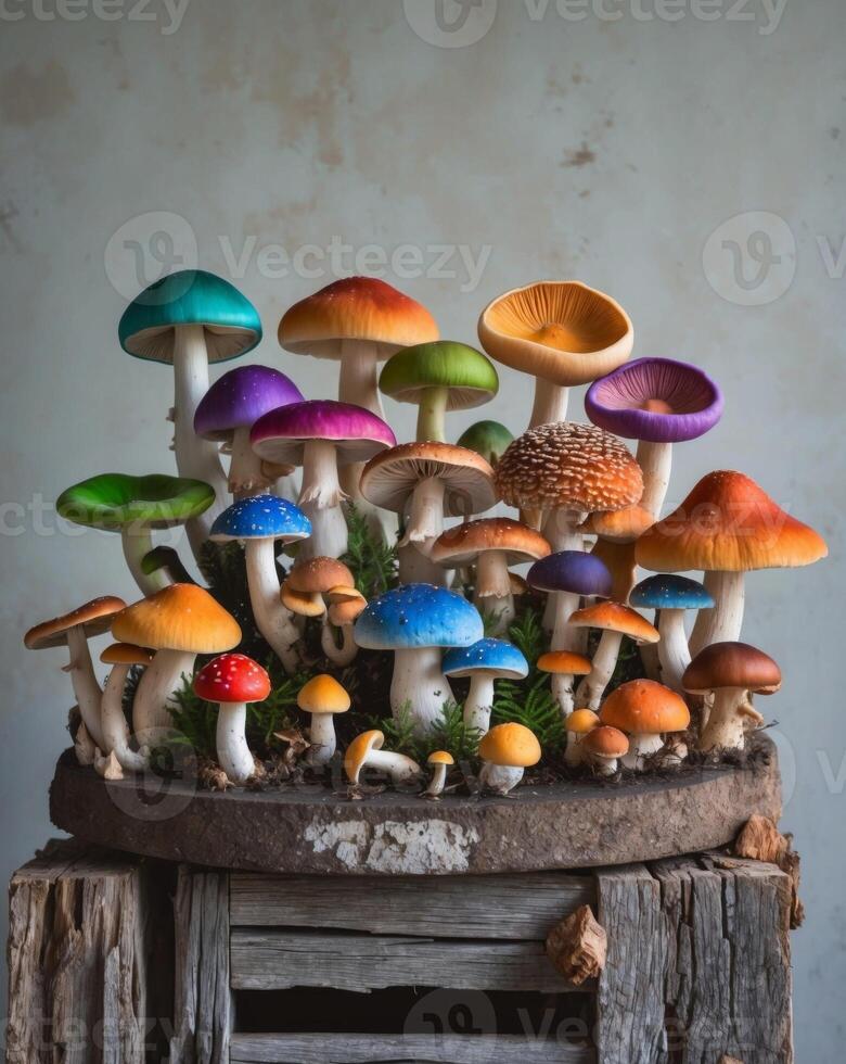 A group of colorful mushrooms on a wooden table photo