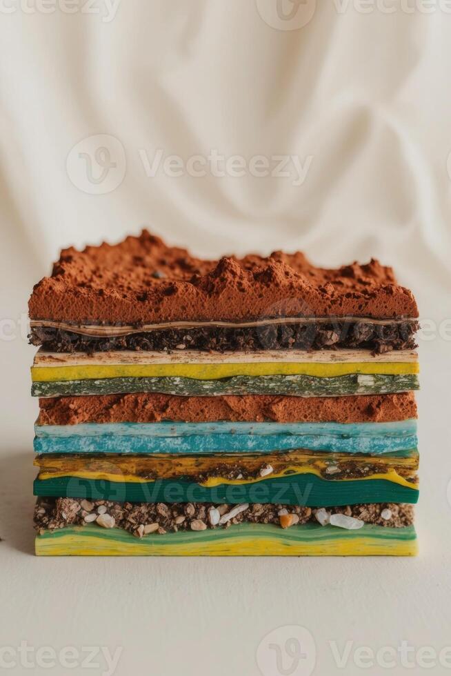 A stack of colorful cakes on a white surface photo