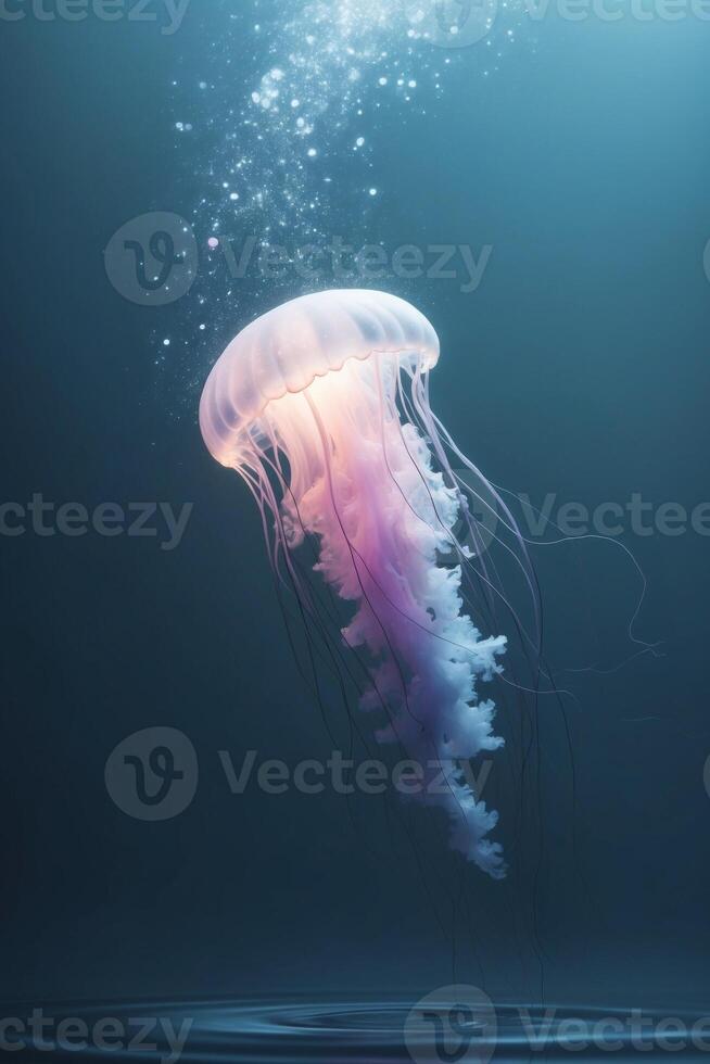A jellyfish floating in the water with bubbles photo