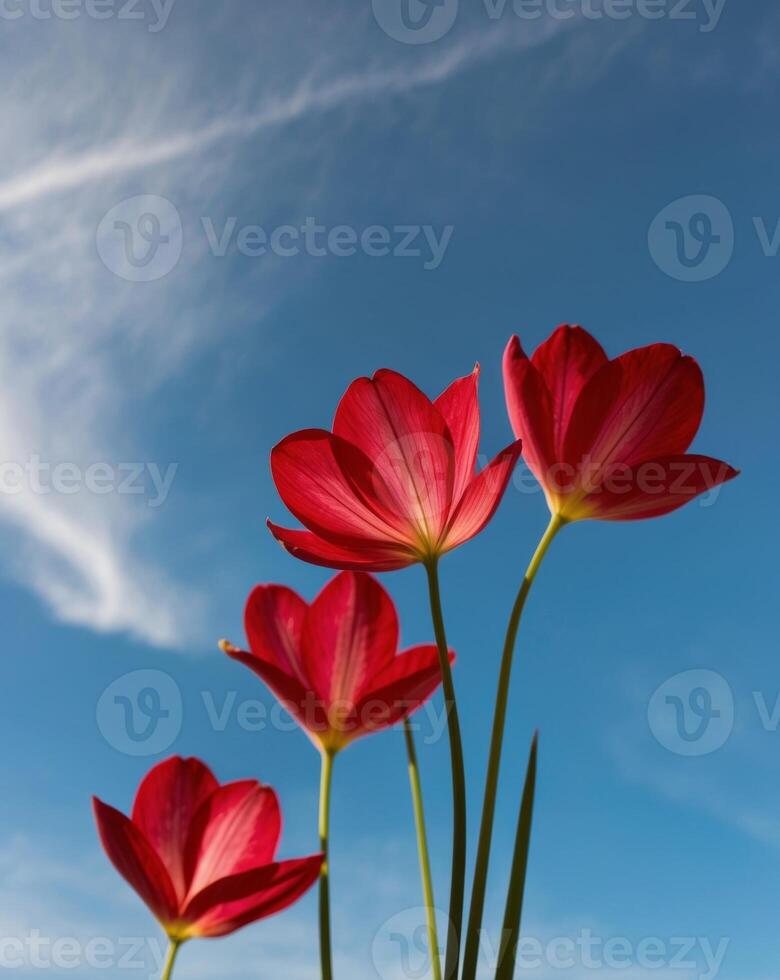 Red tulips against a blue sky photo