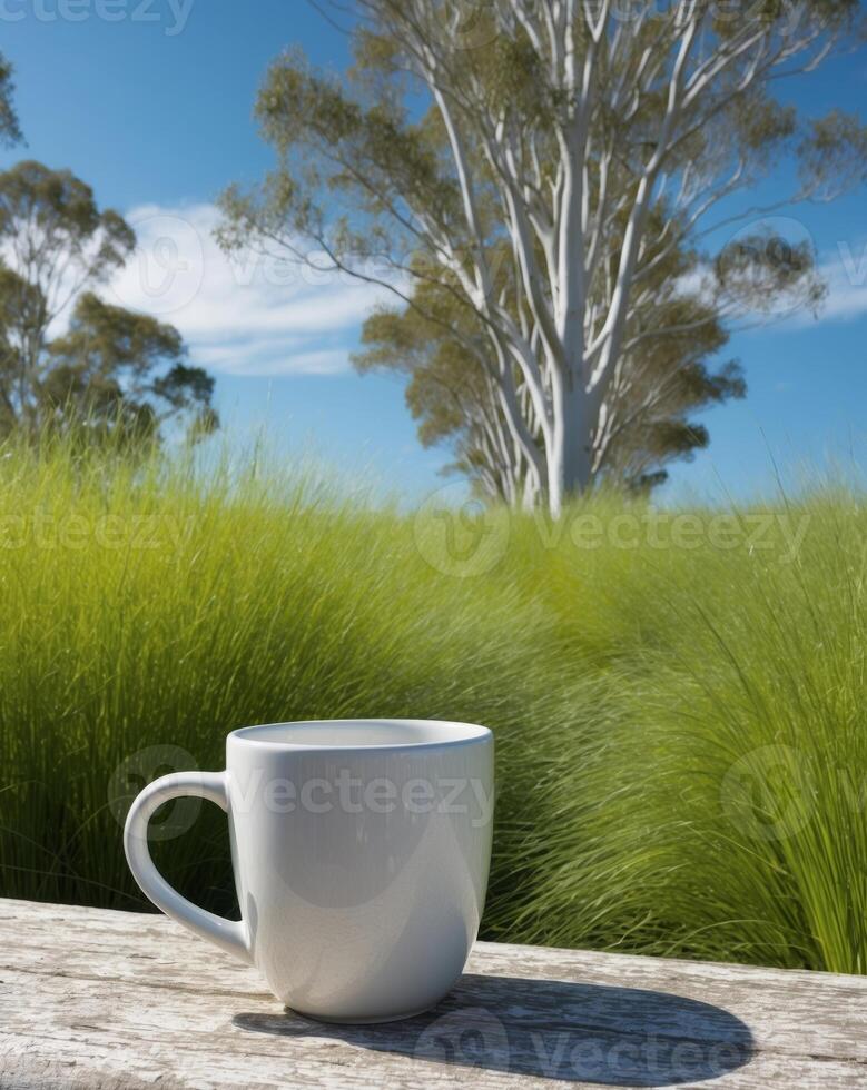 A coffee cup sitting on a wooden table in front of a grassy field photo