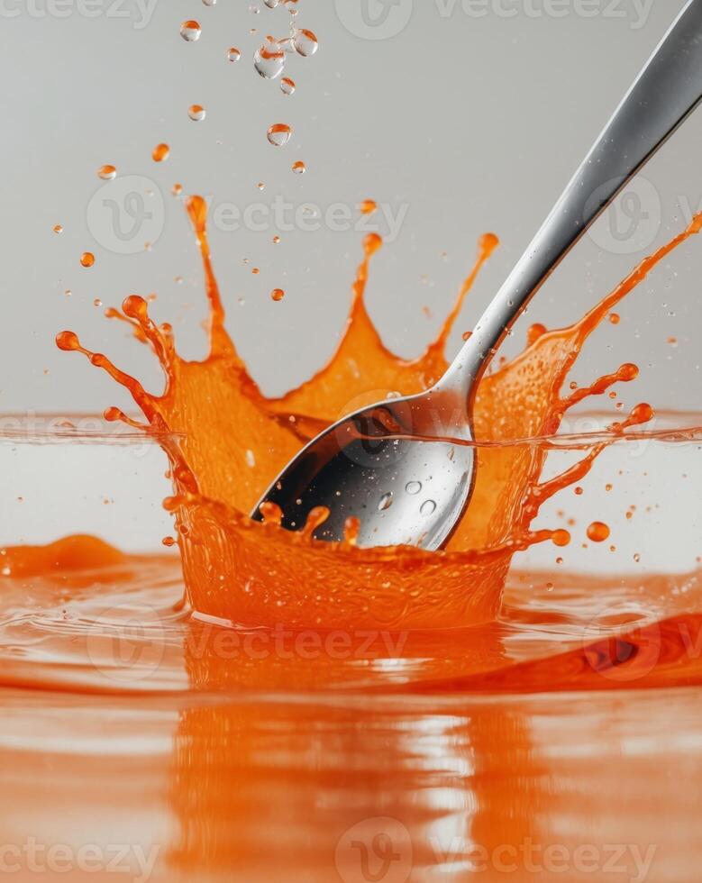 Orange liquid splashing into a spoon photo