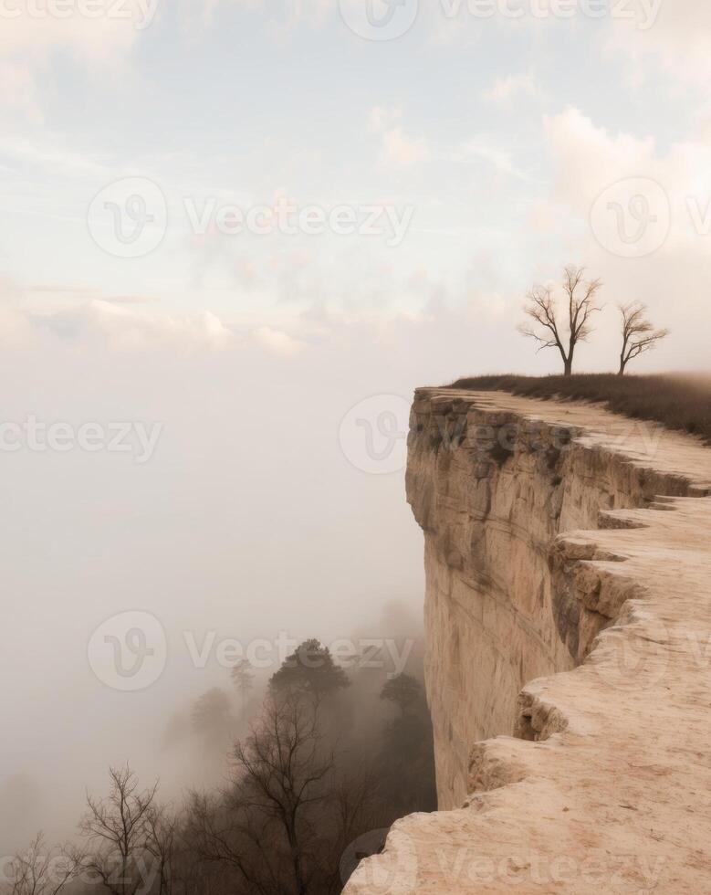A lone tree stands on the edge of a cliff photo