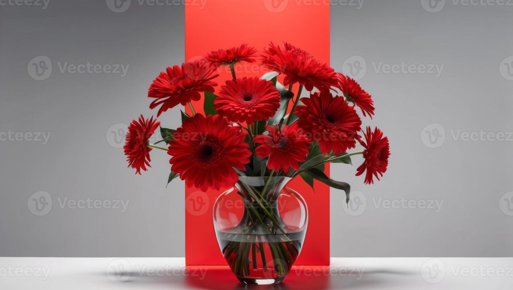 A vase with red flowers sitting on a table photo