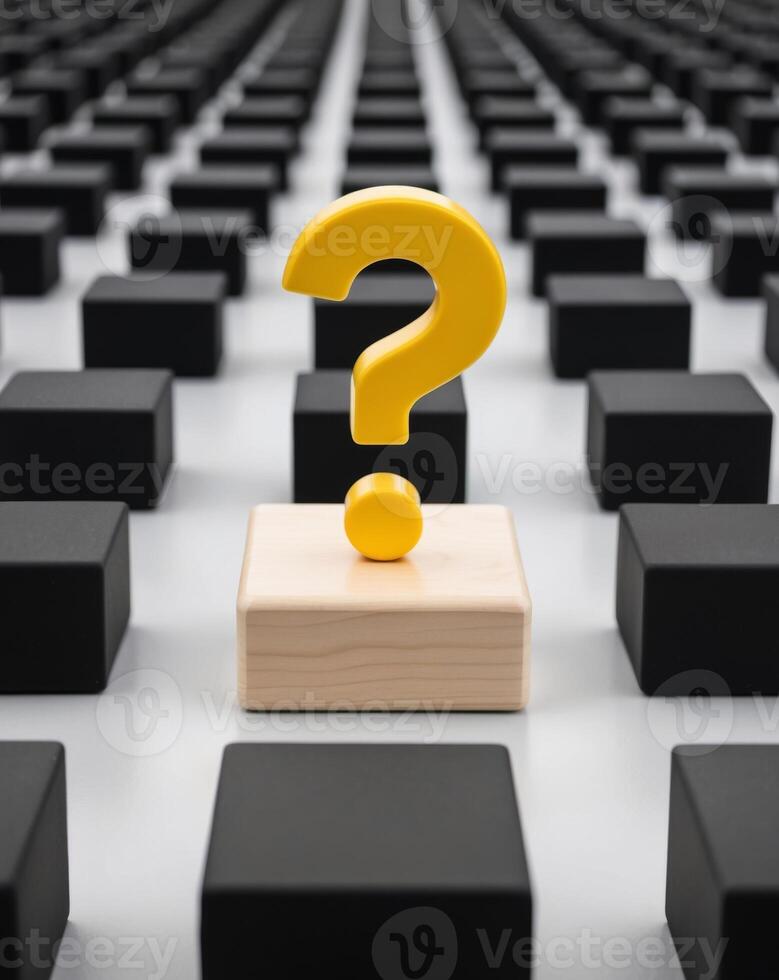 A wooden block with a question mark on it in a large room photo