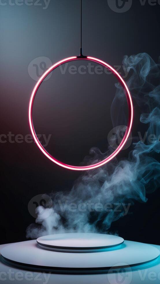 A neon ring hanging from a ceiling with smoke photo