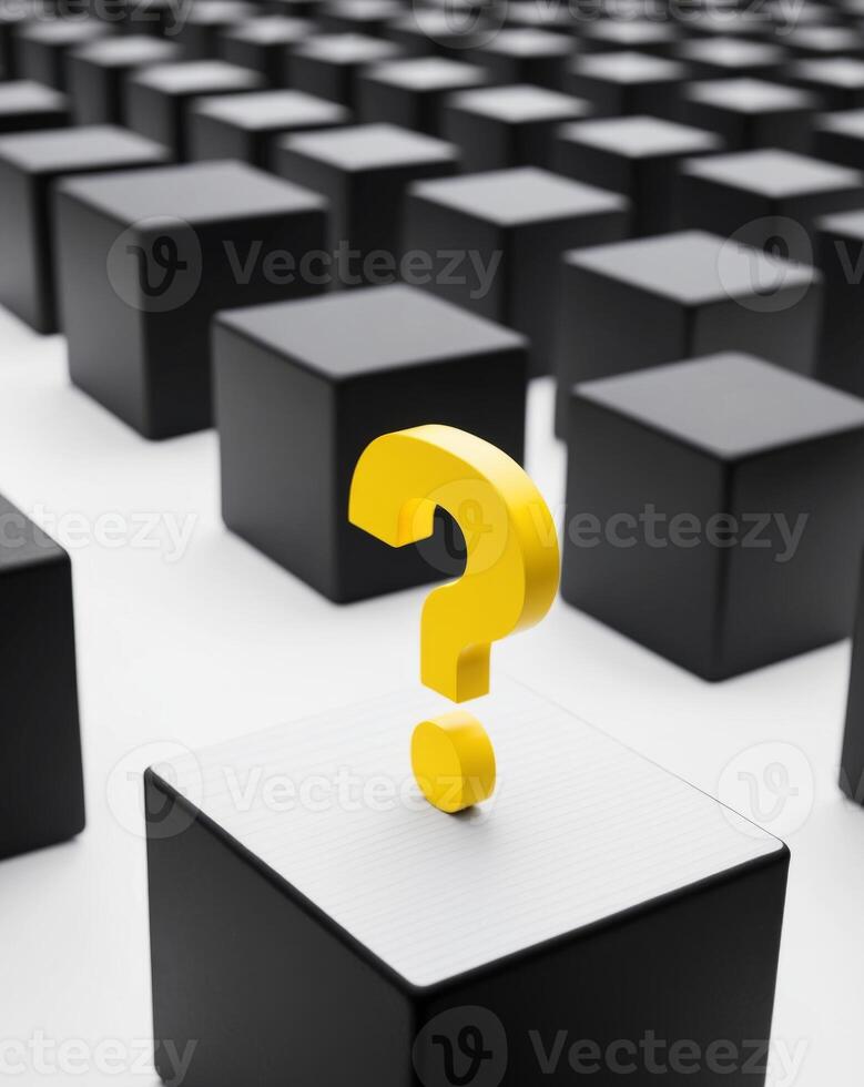 A question mark is standing in front of a large group of black cubes photo