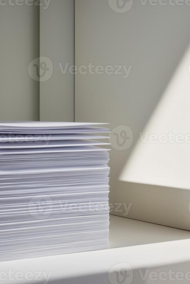 Stack of paper on a table in front of a window photo