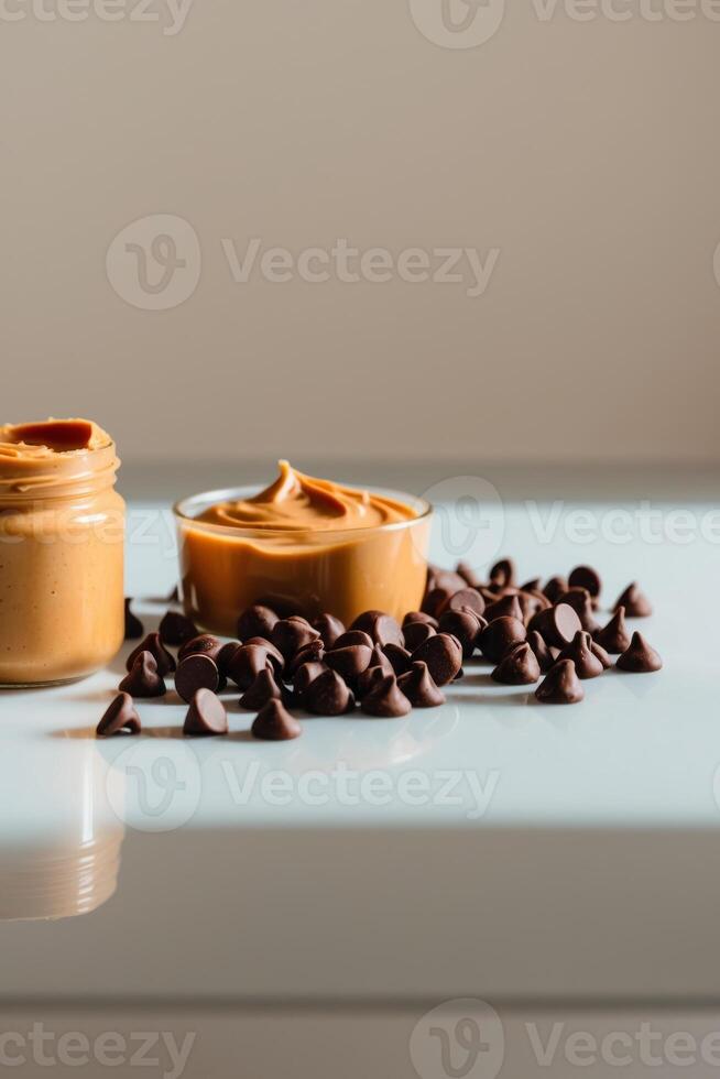 Peanut butter and chocolate chips on a table photo
