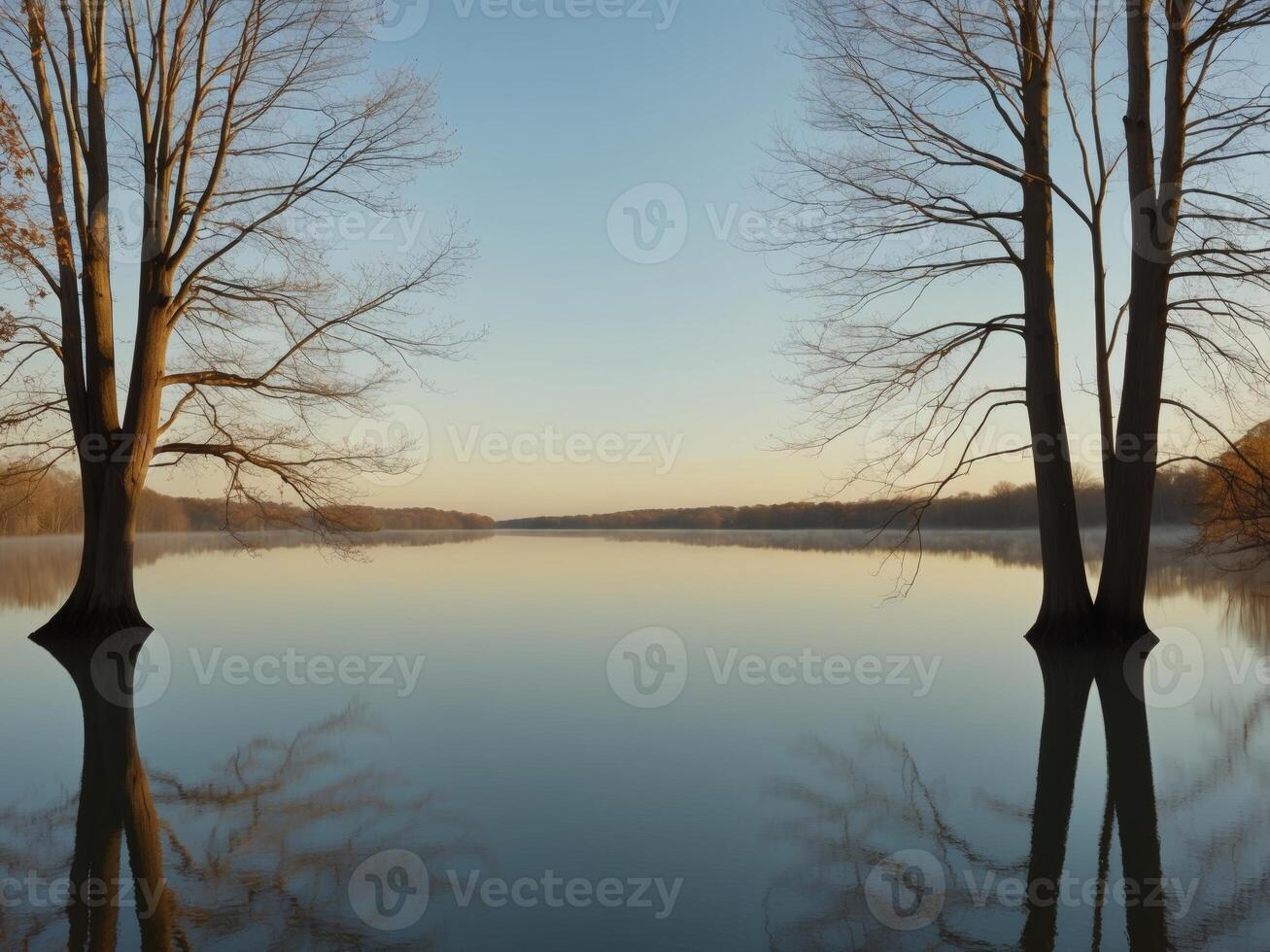 Two trees are reflected in the water of a lake photo