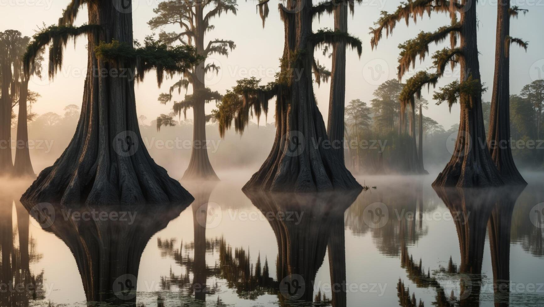 A group of cypress trees are reflected in the water photo