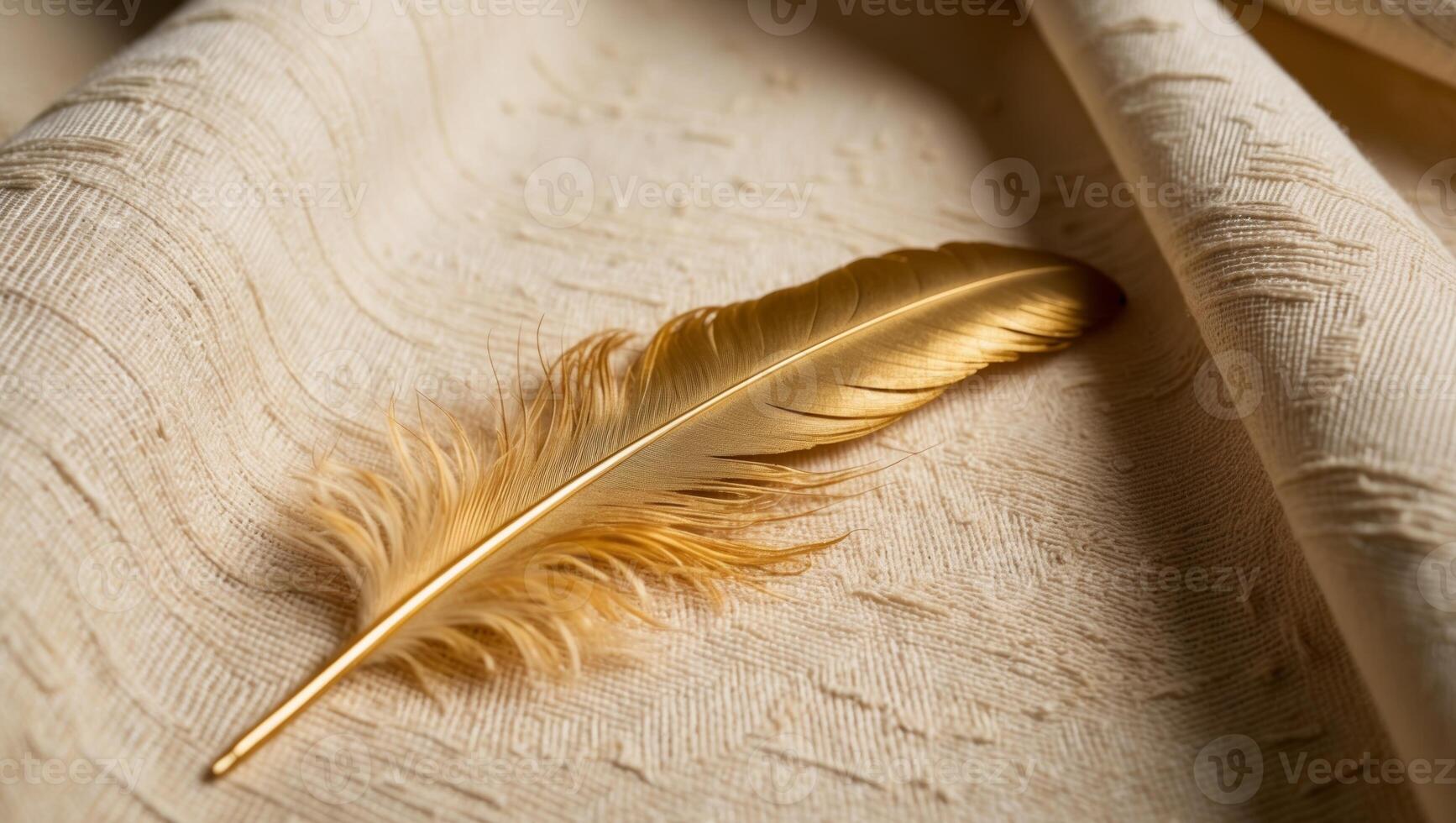 A gold feather on a white cloth photo
