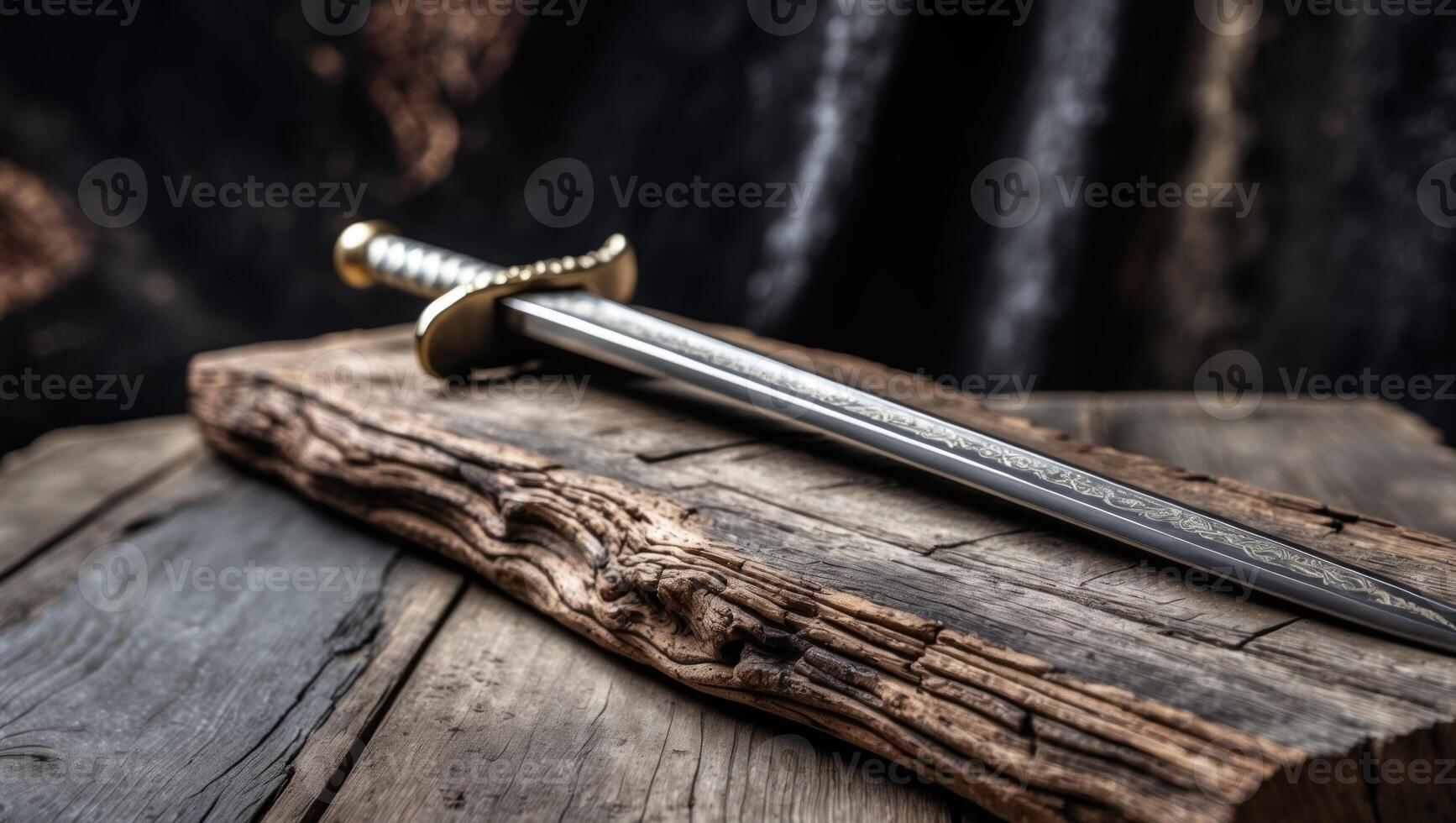 A sword on a wooden block with a black background photo
