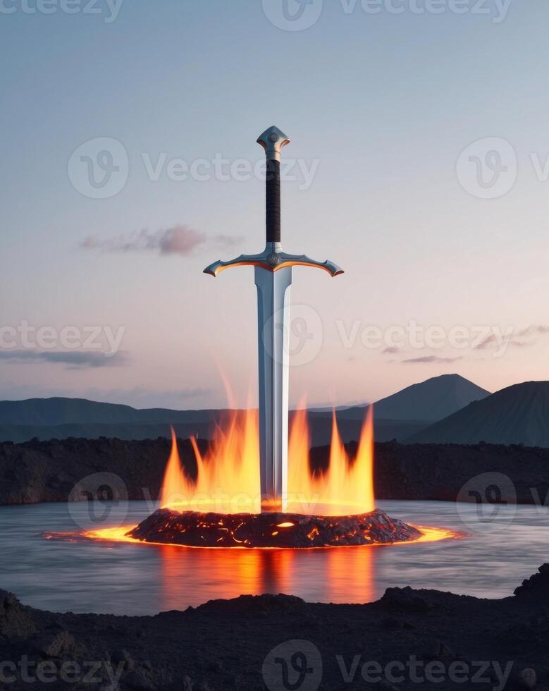 A sword is sitting on top of a fire pit photo