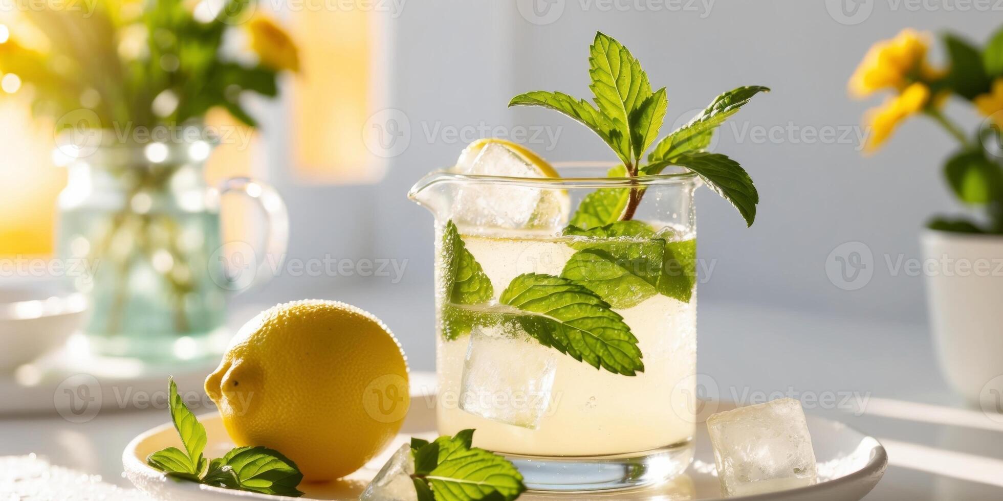 Lemonade with mint and lemon slices on a white plate photo