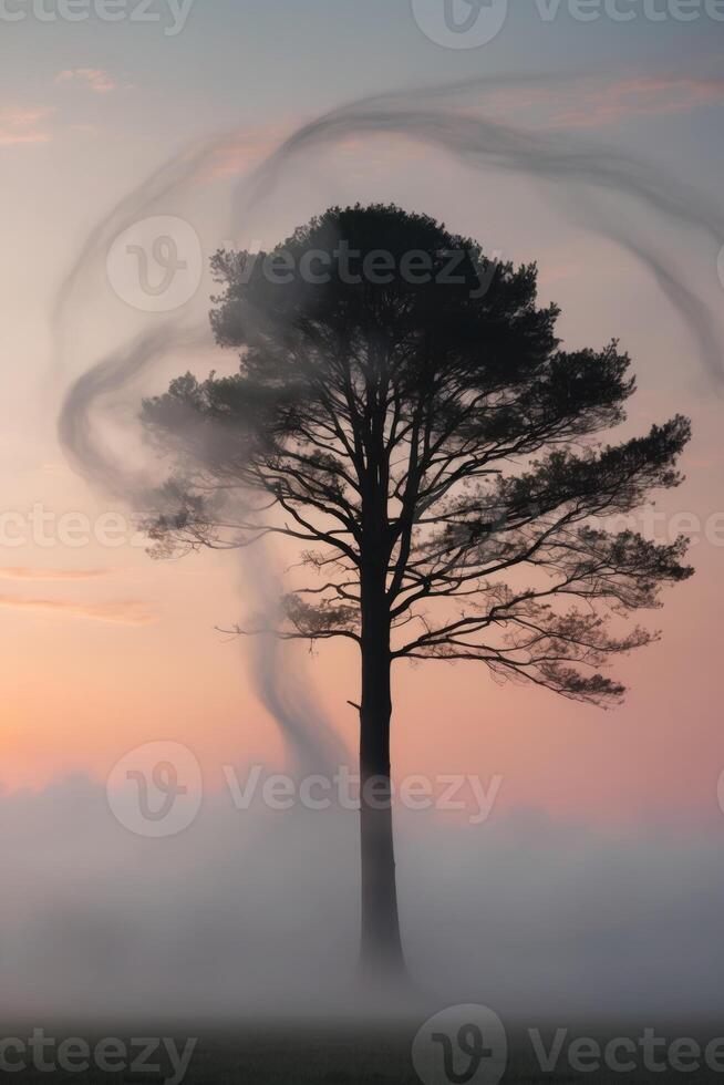 A tree with smoke coming out of it at sunset photo