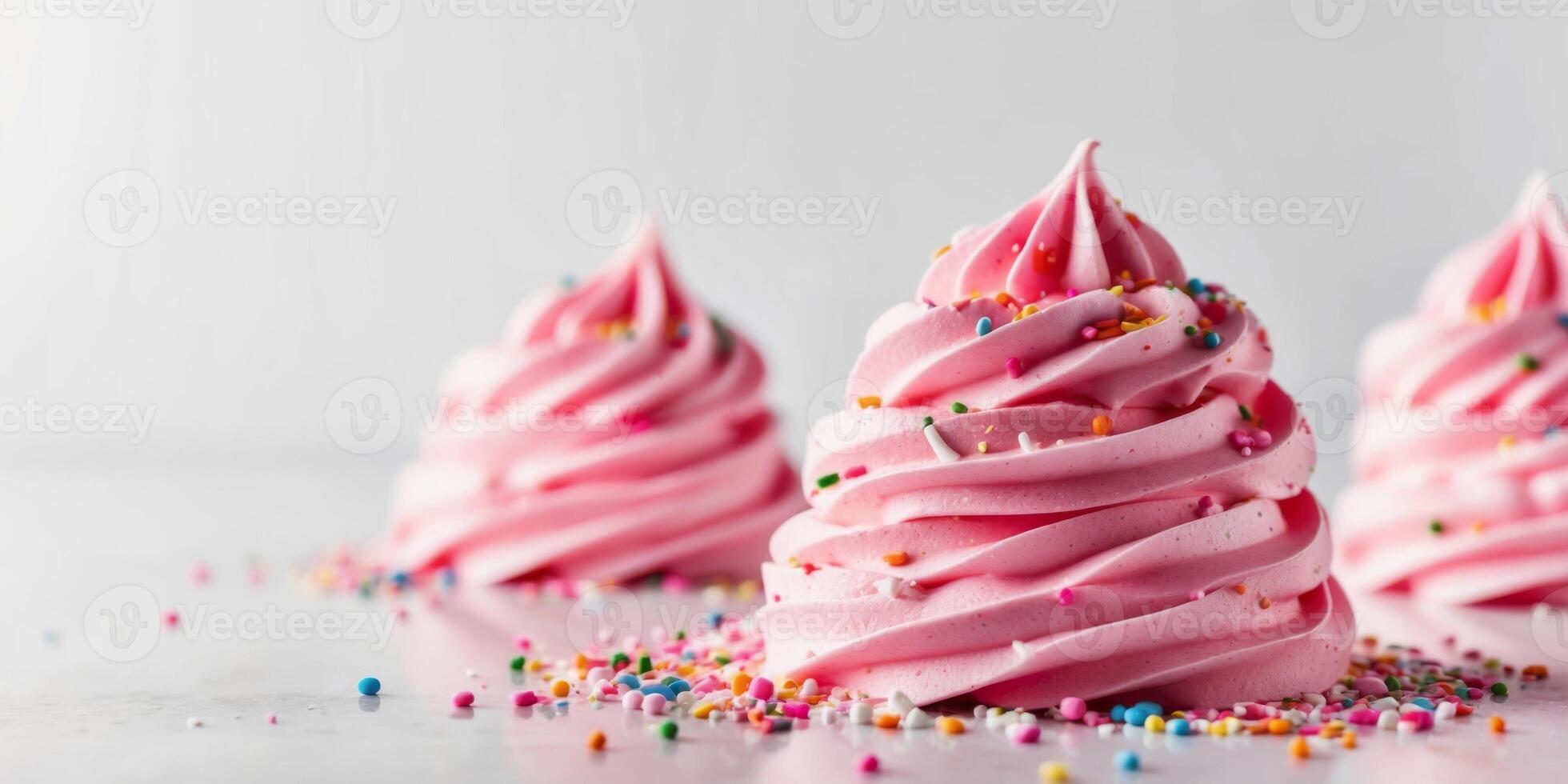 Three pink frosted cupcakes with sprinkles photo