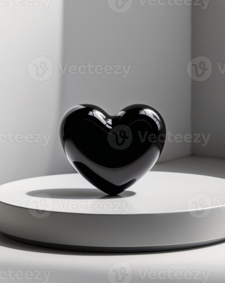 A black heart shaped object on a white pedestal photo