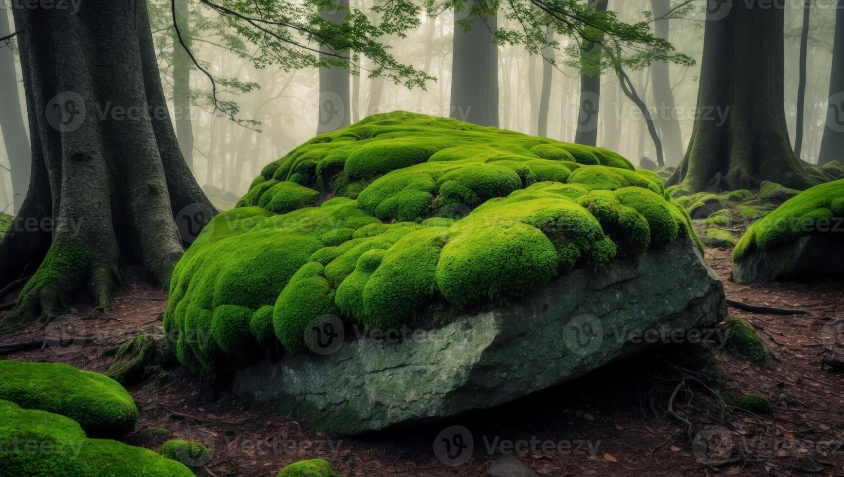 A moss covered rock in the middle of a forest photo