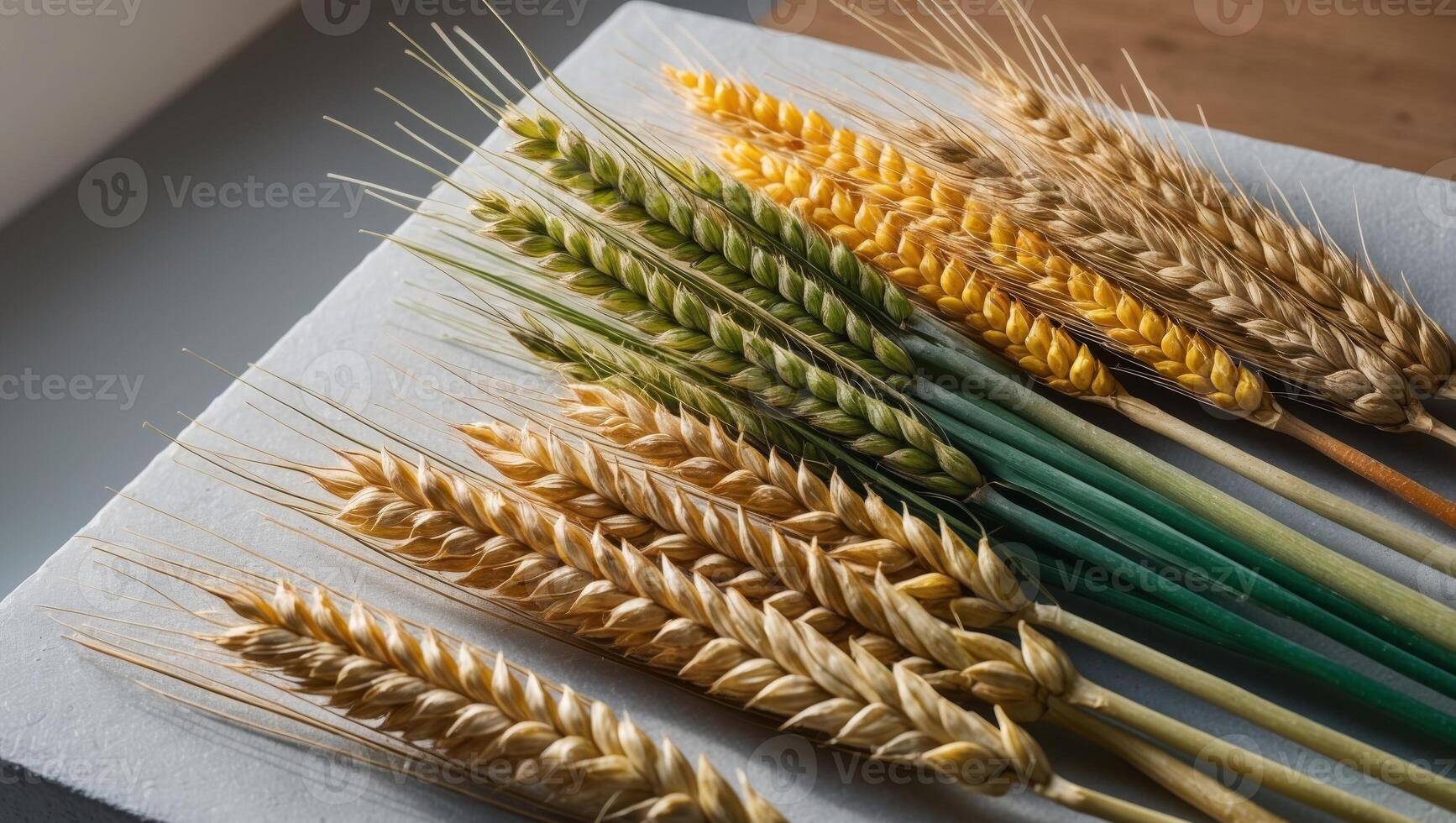A close up of a bunch of wheat stalks photo