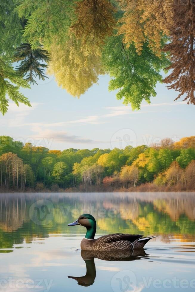 A duck swimming in a lake surrounded by trees photo