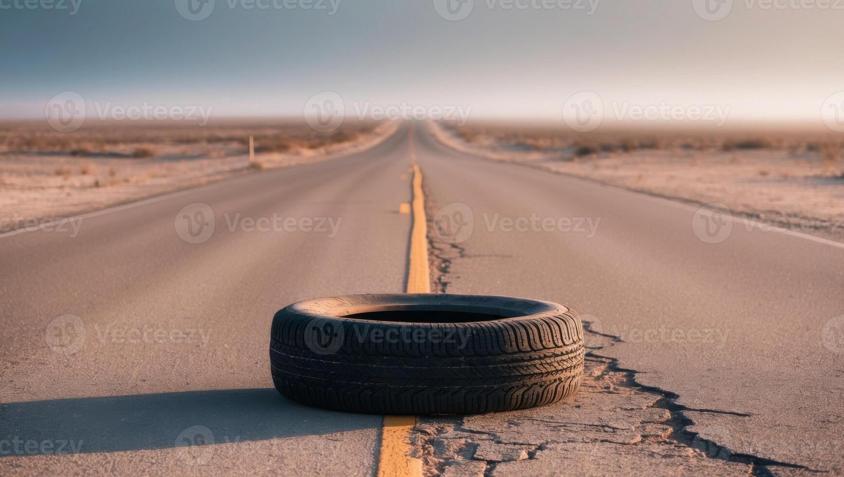 A tire sits on the side of an empty road photo
