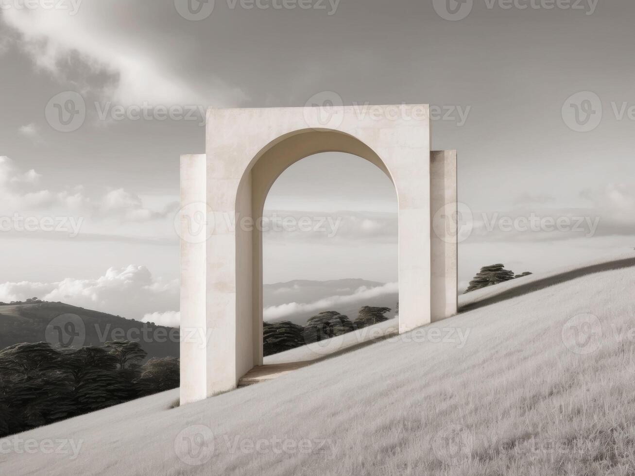 A white arch on top of a hill with clouds in the background photo