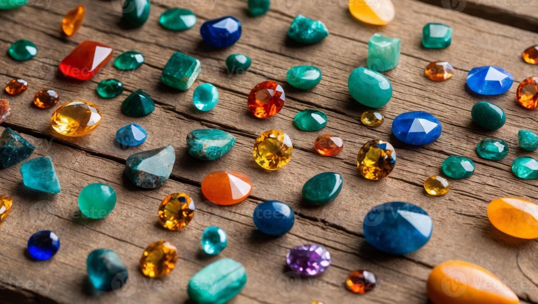 A variety of colorful gems on a wooden surface photo
