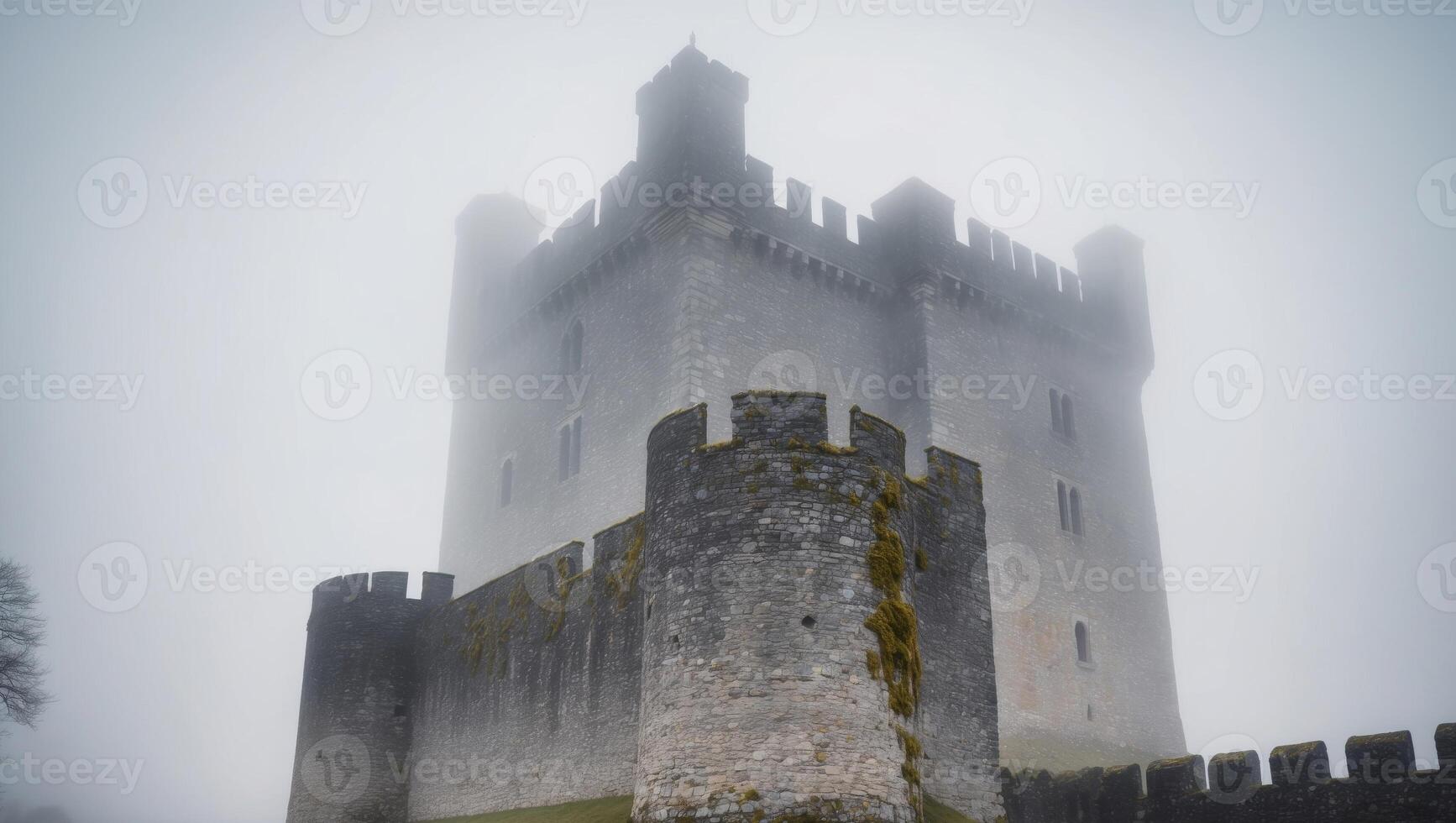 A castle in the fog with a foggy sky photo