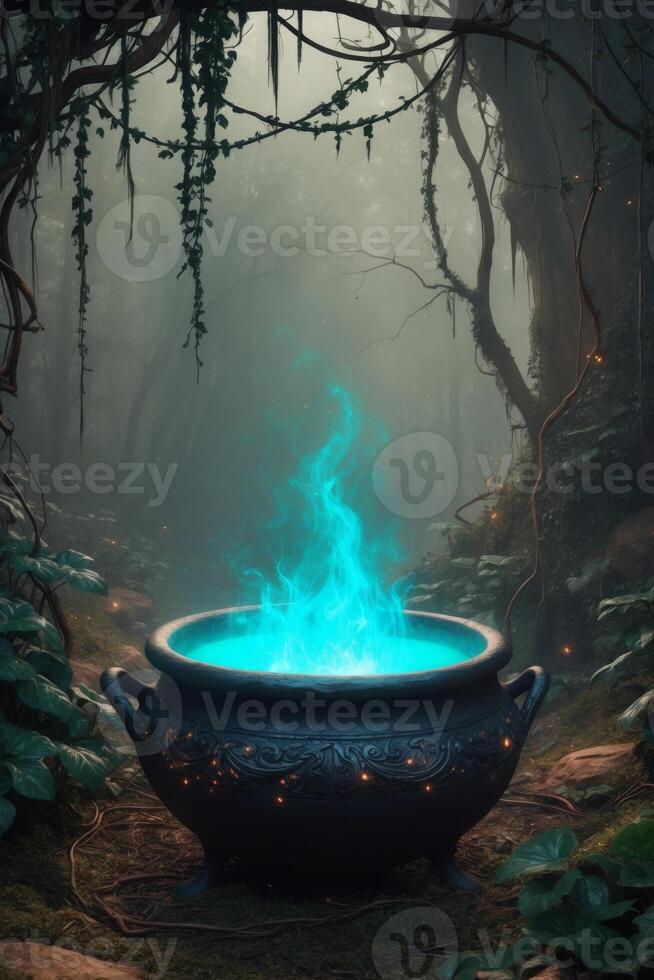 A cauldron with blue smoke coming out of it in the woods photo