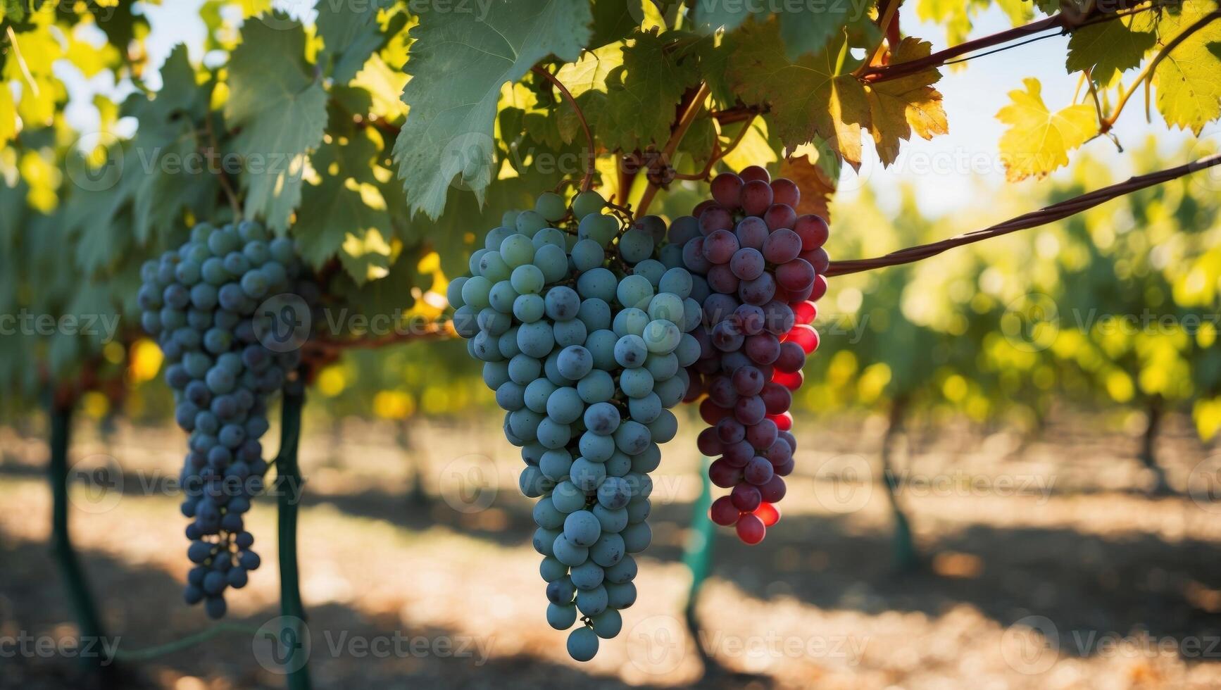 Grapes hanging on a vine in a vineyard photo