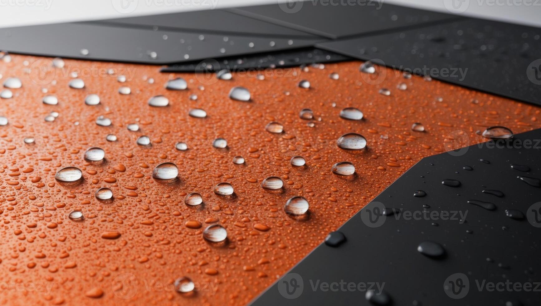 A close up of a black and orange surface with water droplets photo