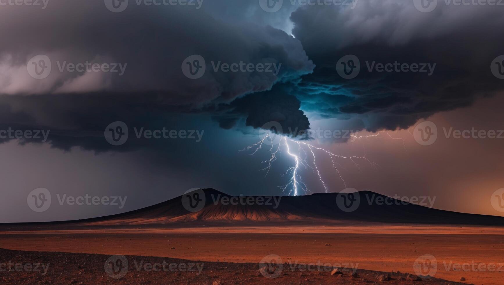 Lightning strikes over a mountain in the desert photo