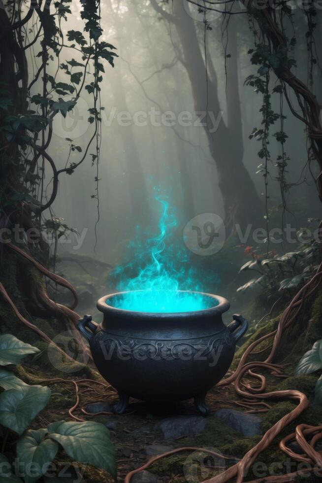 A cauldron with blue smoke coming out of it in the woods photo