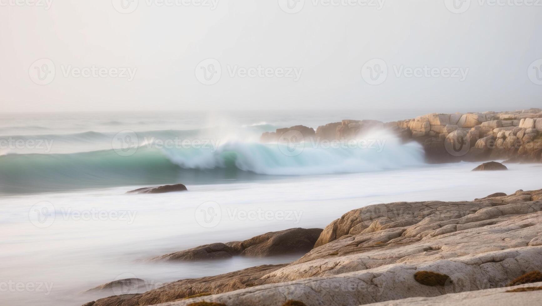 A wave crashes on the rocks at the beach photo